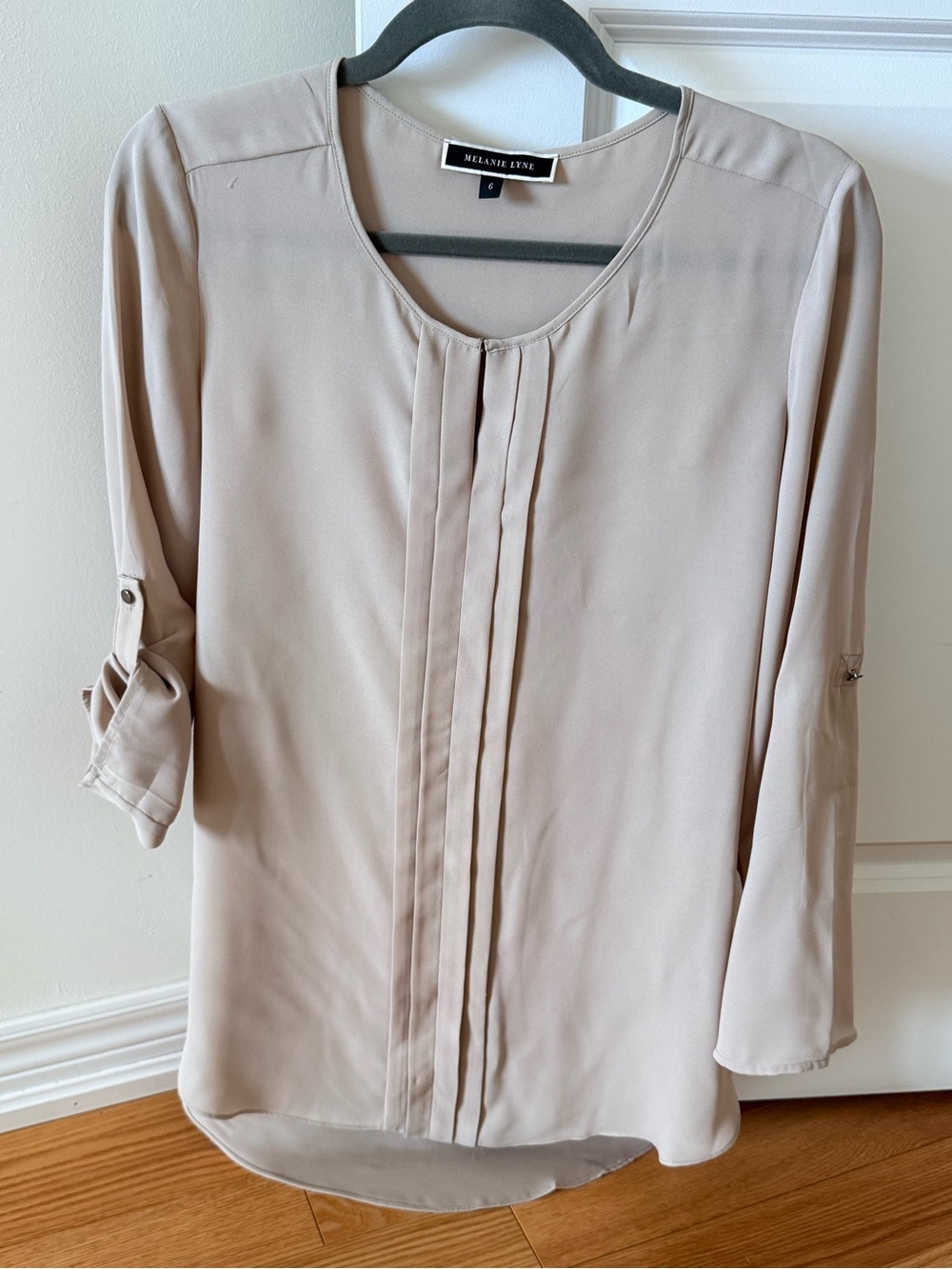 Melanie Line Taupe beige long front blouse